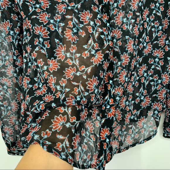 Zara Dark Floral Sheer Long Sleeve Blouse High Crewneck Button Down Back Size M - Picture 11 of 15